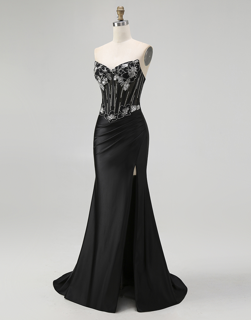 Sparkly Black Mermaid Beaded Corset Long Prom Dress with Slit