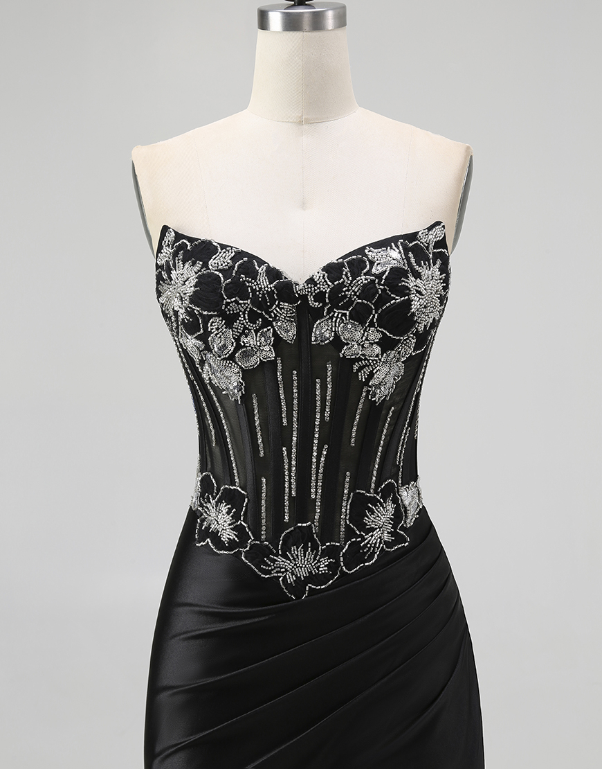 Sparkly Black Mermaid Beaded Corset Long Prom Dress with Slit