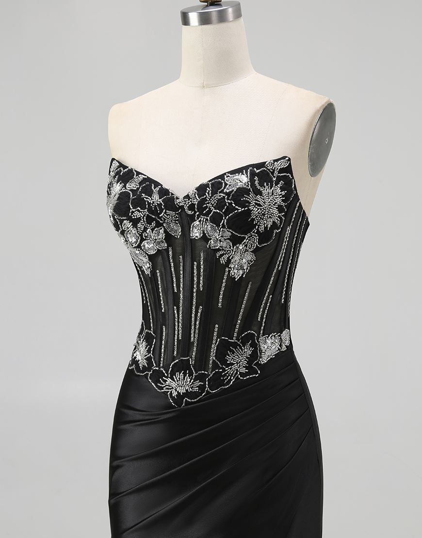 Sparkly Black Mermaid Beaded Corset Long Prom Dress with Slit