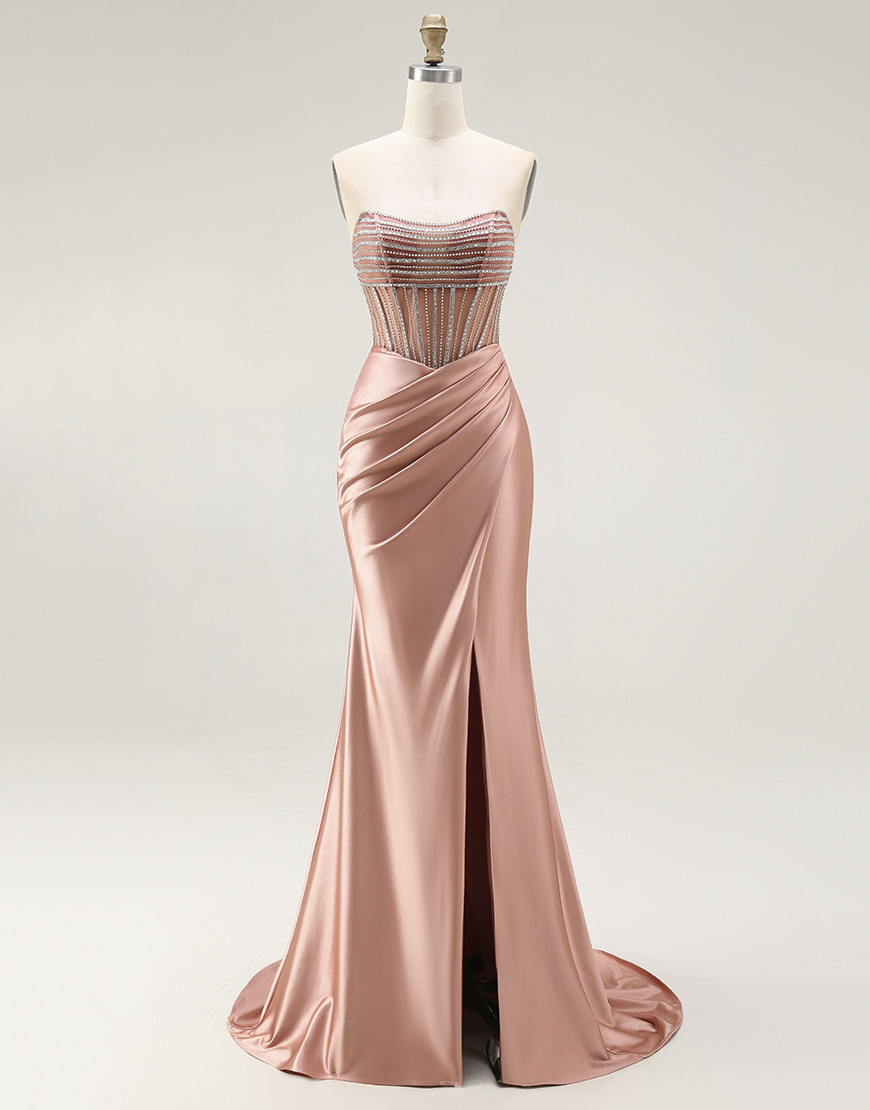 Berlinnova Women Sparkly Blush Strapless Corset Ruched Long Prom Dress with Slit Mermaid Satin Beaded Formal Dress