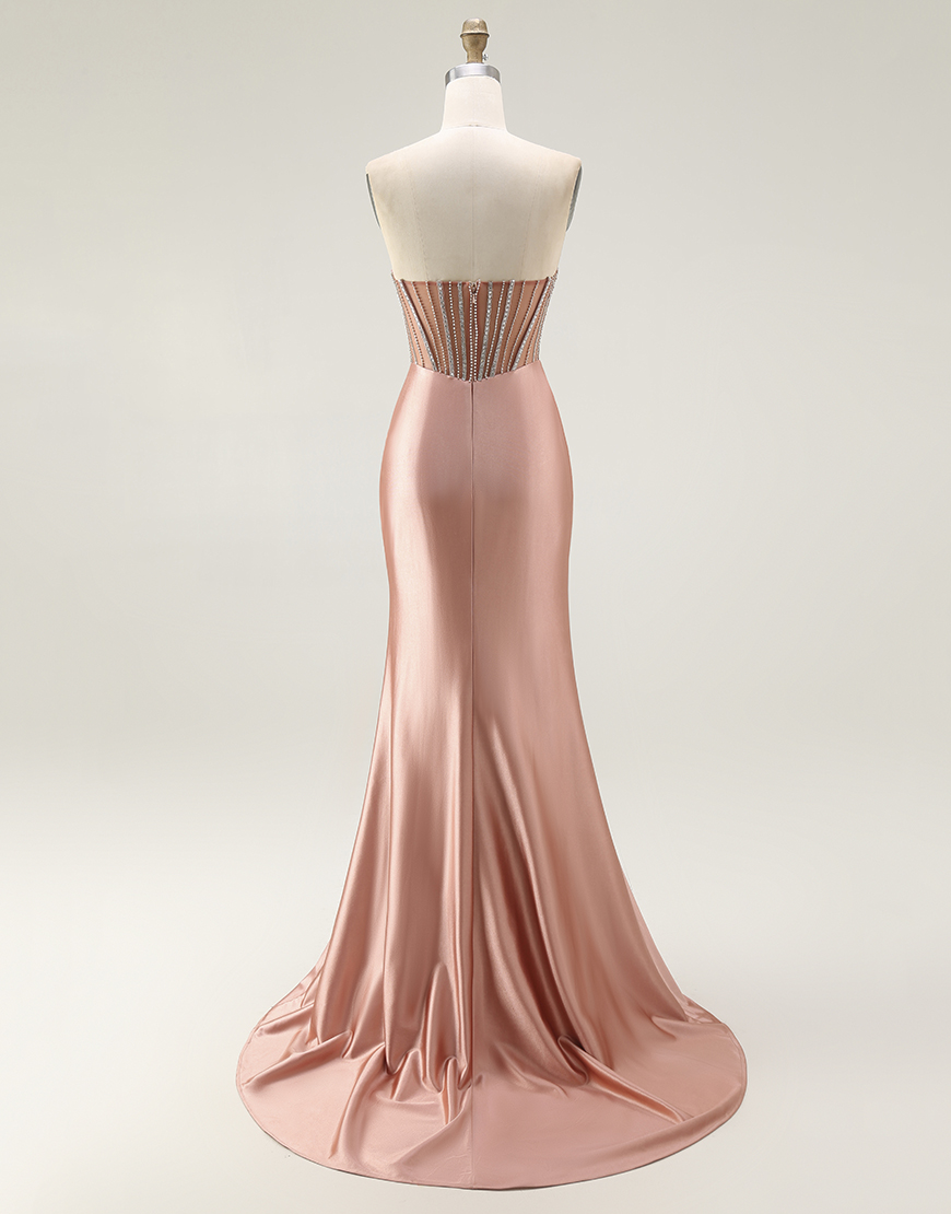 Sparkly Mermaid Blush Strapless Ruched Long Prom Dress with Slit