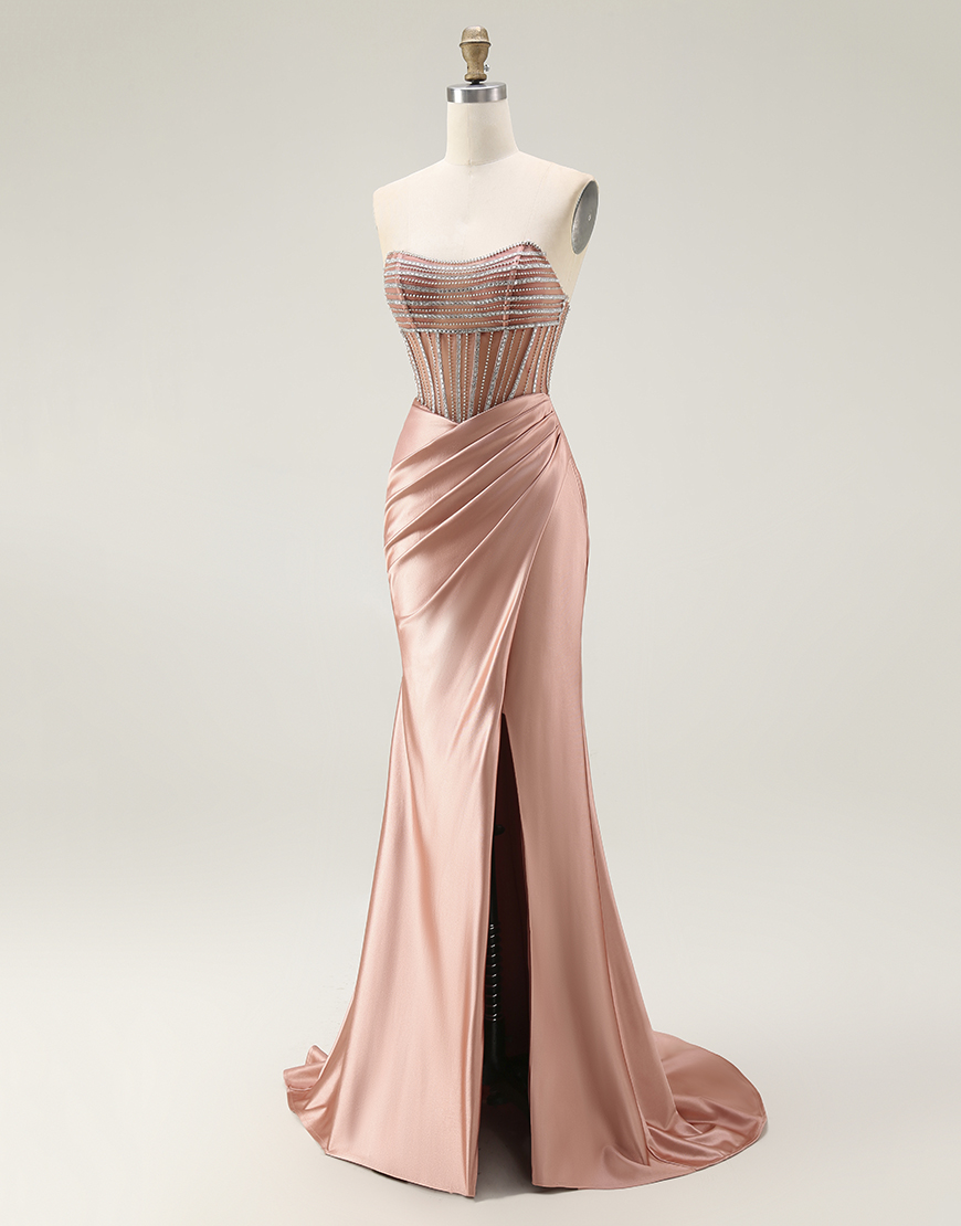 Sparkly Mermaid Blush Strapless Ruched Long Prom Dress with Slit