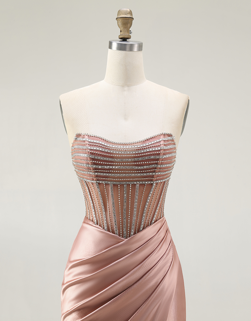 Sparkly Mermaid Blush Strapless Ruched Long Prom Dress with Slit