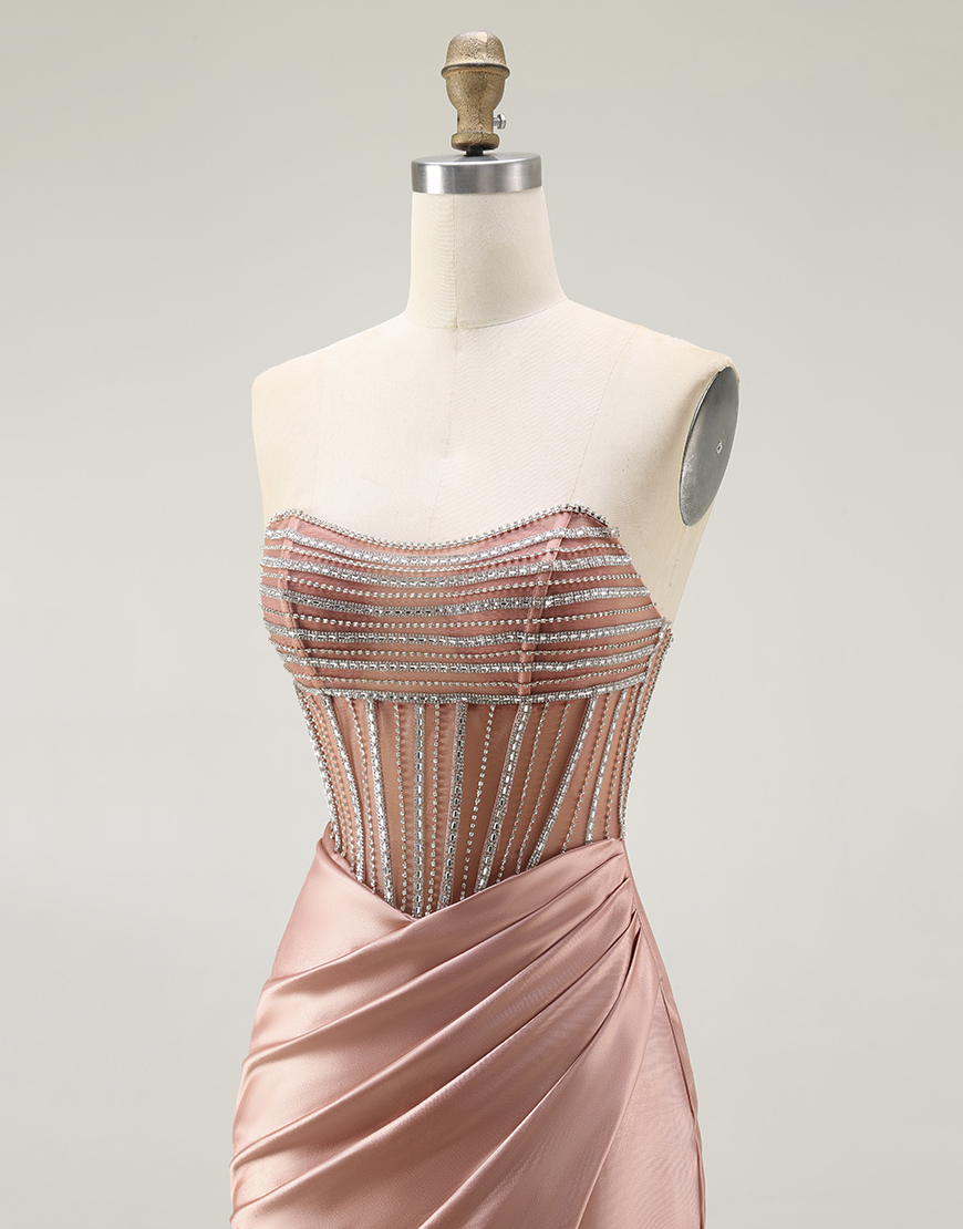 Sparkly Mermaid Blush Strapless Ruched Long Prom Dress with Slit