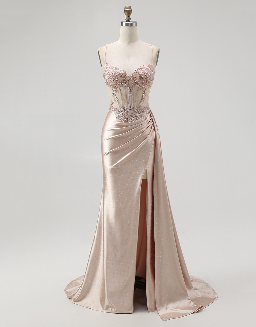 Sparkly Champagne Mermaid Spaghetti Straps Satin Long Prom Dress with Beading