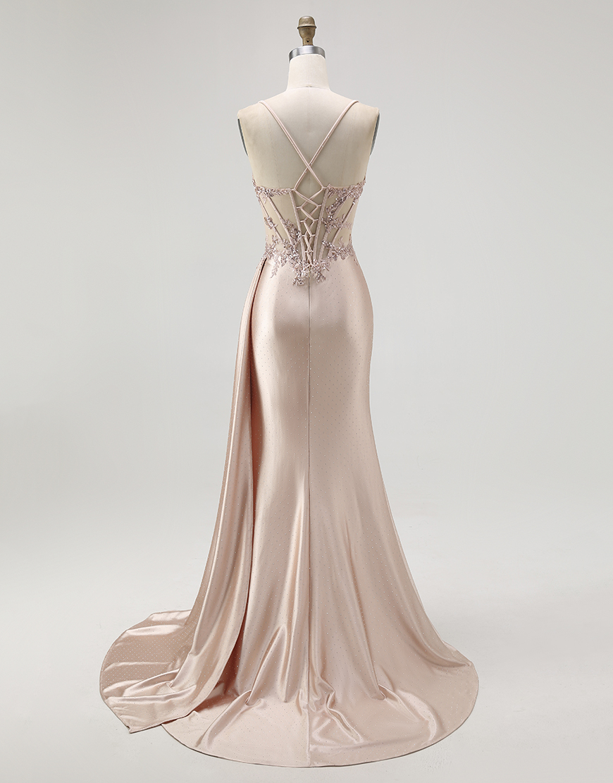 Sparkly Champagne Mermaid Spaghetti Straps Satin Long Prom Dress with Beading