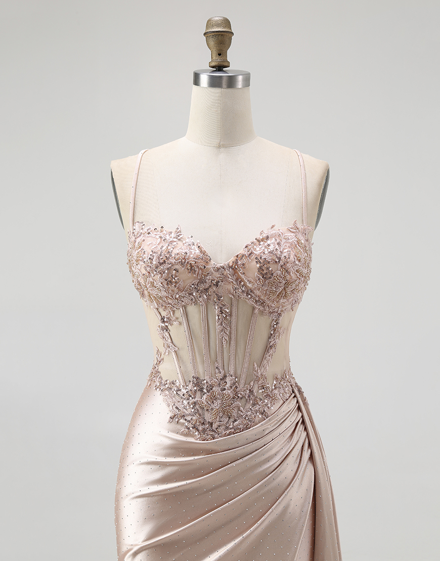 Sparkly Champagne Mermaid Spaghetti Straps Satin Long Prom Dress with Beading