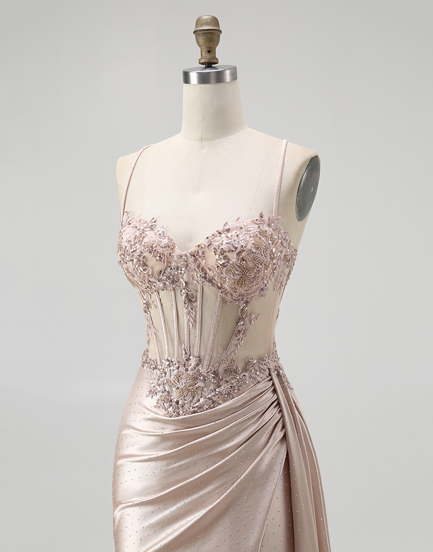 Sparkly Champagne Mermaid Spaghetti Straps Satin Long Prom Dress with Beading