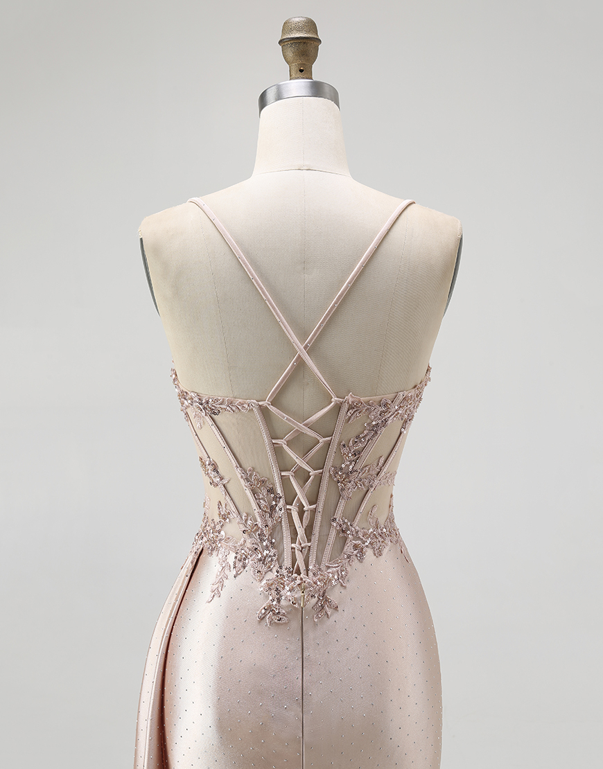 Sparkly Champagne Mermaid Spaghetti Straps Satin Long Prom Dress with Beading