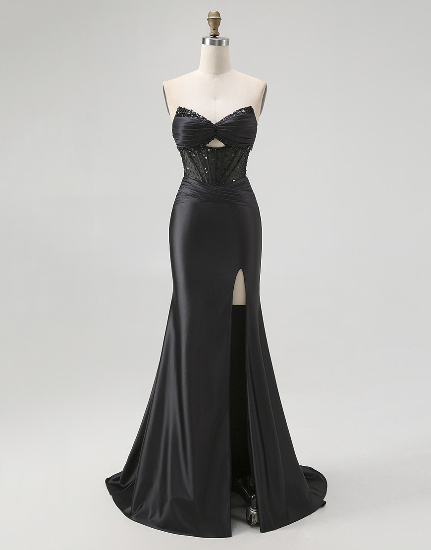 Berlinnova Women Sparkly Black Mermaid Long Satin Prom Dress with Beading Sweetheart Corset Keyhole Evening Dress with Slit