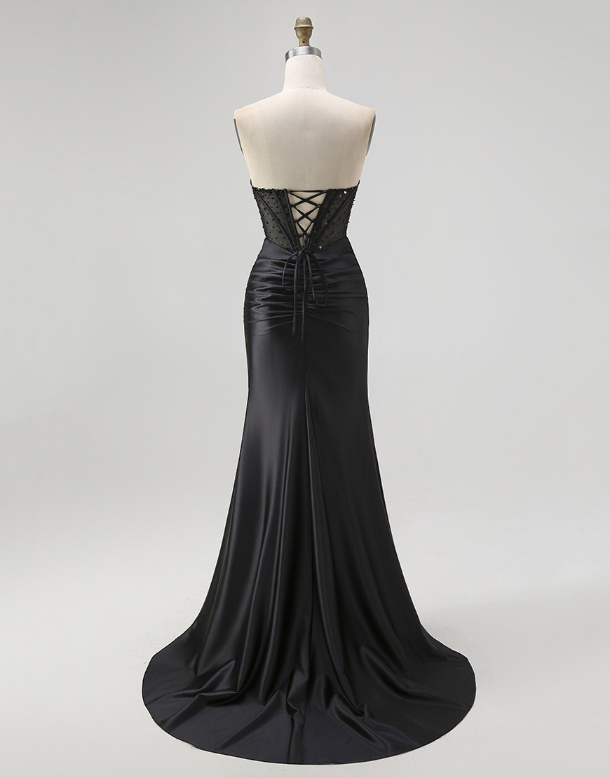 Sparkly Black Mermaid Sweetheart Long Satin Corset Prom Dress with Beading
