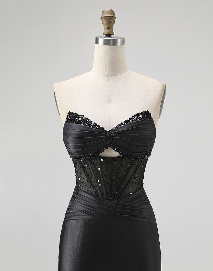 Sparkly Black Mermaid Sweetheart Long Satin Corset Prom Dress with Beading