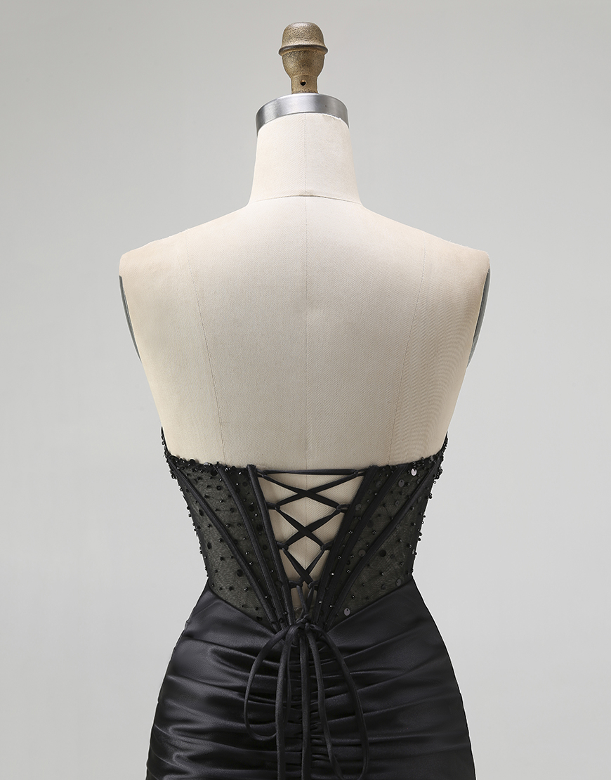 Sparkly Black Mermaid Sweetheart Long Satin Corset Prom Dress with Beading