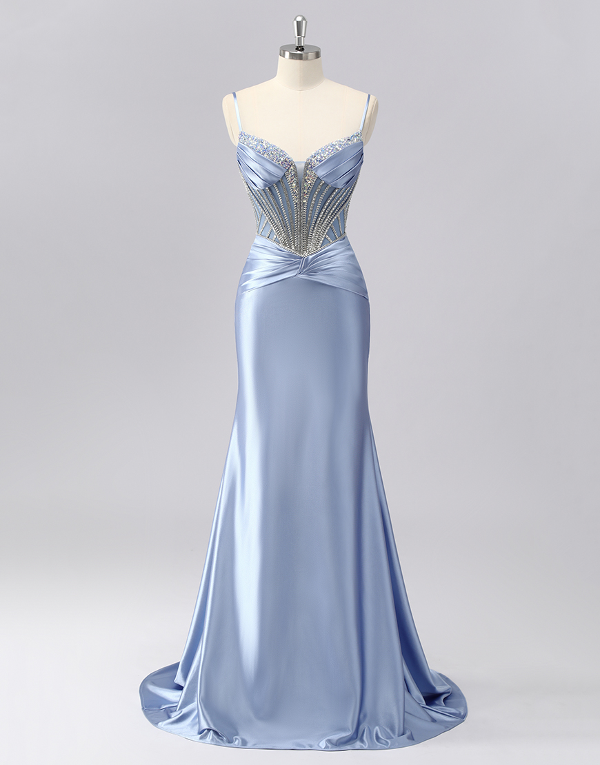 Sparkly Grey Blue Spaghetti Straps Mermaid Long Prom Dress with Beading