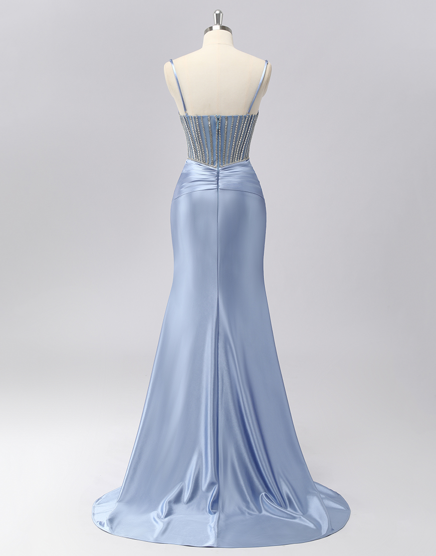 Sparkly Grey Blue Spaghetti Straps Mermaid Long Prom Dress with Beading