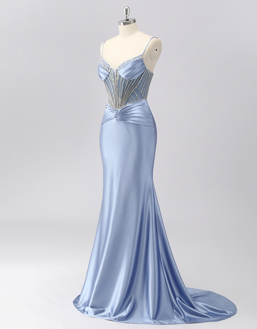 Sparkly Grey Blue Spaghetti Straps Mermaid Long Prom Dress with Beading