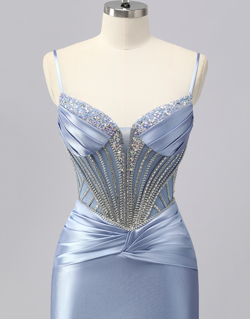 Sparkly Grey Blue Spaghetti Straps Mermaid Long Prom Dress with Beading