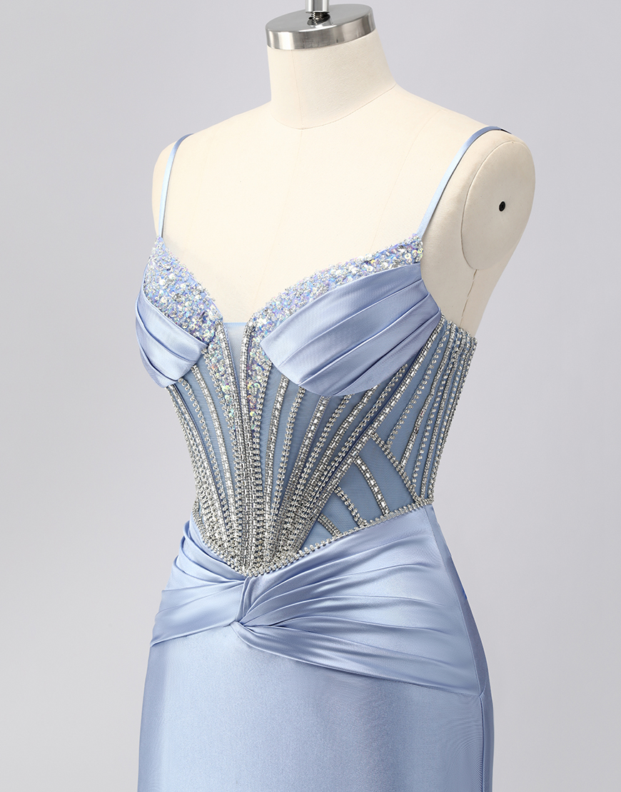 Sparkly Grey Blue Spaghetti Straps Mermaid Long Prom Dress with Beading