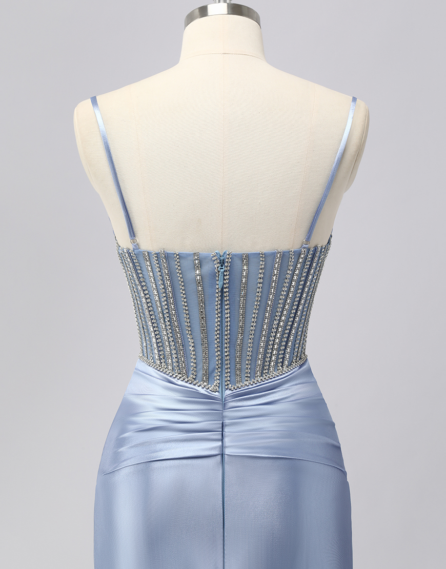 Sparkly Grey Blue Spaghetti Straps Mermaid Long Prom Dress with Beading