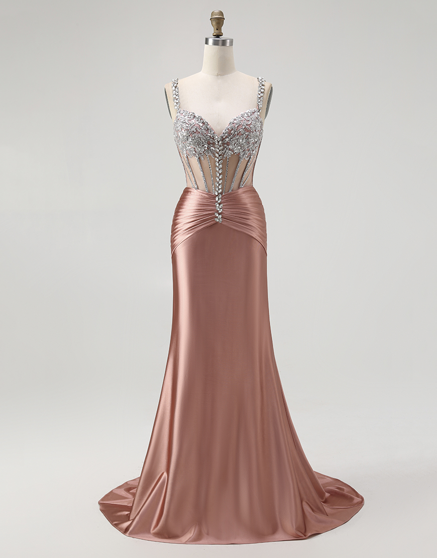 Sparkly Blush Mermaid Spaghetti Straps Long Corset Satin Prom Dress with Beading