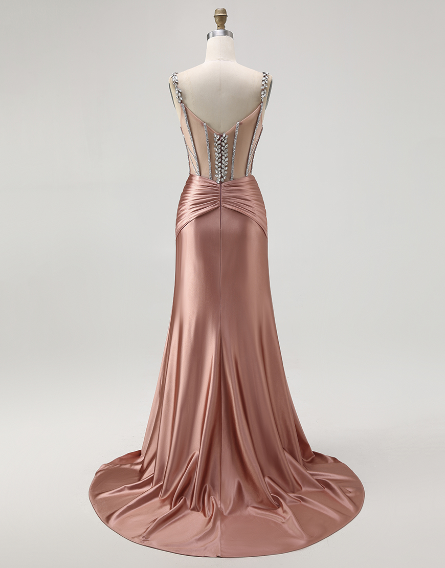 Sparkly Blush Mermaid Spaghetti Straps Long Corset Satin Prom Dress with Beading