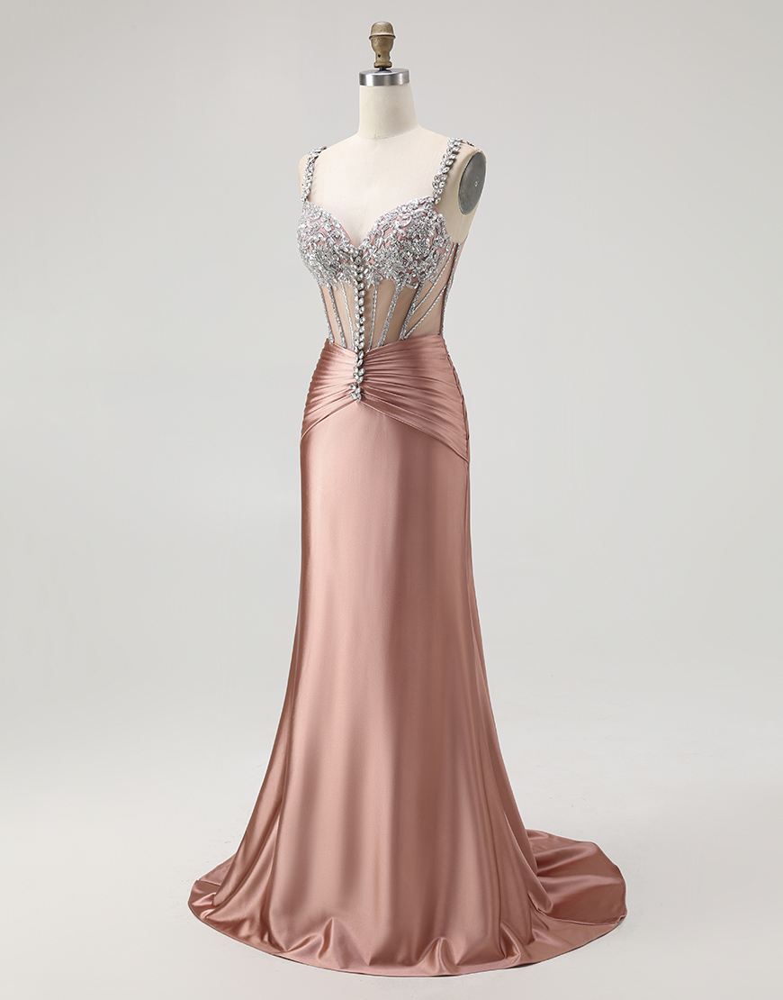 Sparkly Blush Mermaid Spaghetti Straps Long Corset Satin Prom Dress with Beading