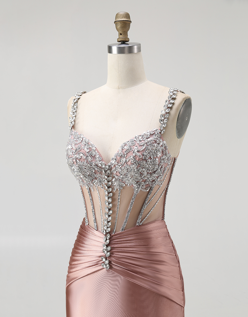 Sparkly Blush Mermaid Spaghetti Straps Long Corset Satin Prom Dress with Beading