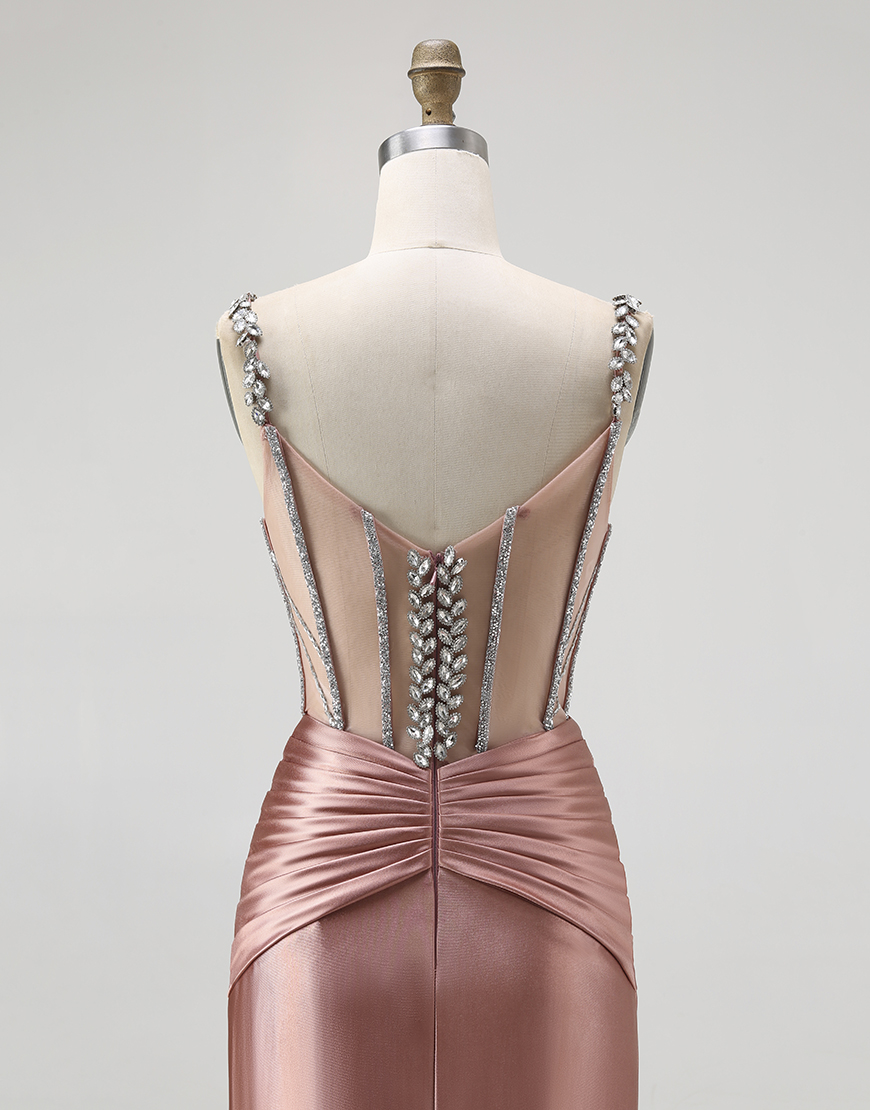 Sparkly Blush Mermaid Spaghetti Straps Long Corset Satin Prom Dress with Beading