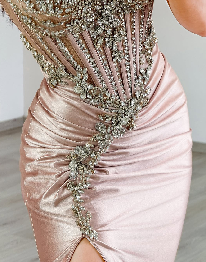 Sparkly Grey Pink Mermaid Satin Corset Long Prom Dress with Slit