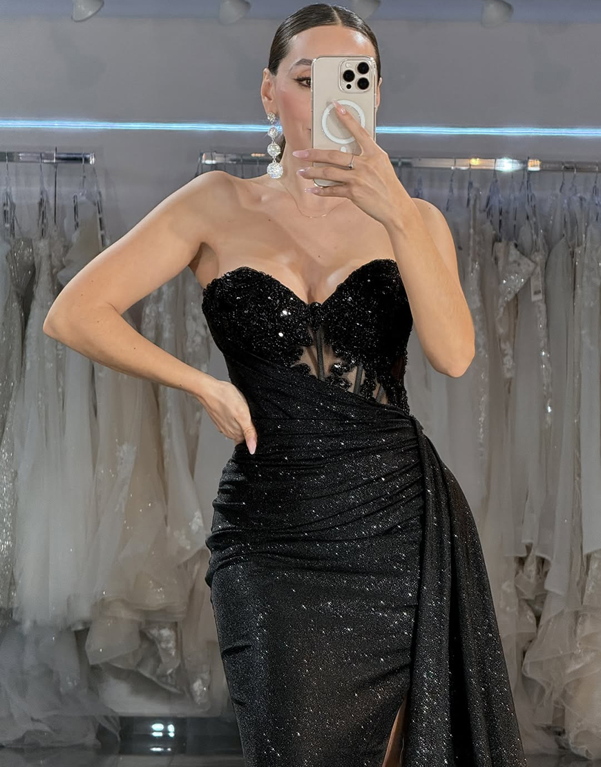 Sparkly Black Mermaid Sweetheart Long Corset Prom Dress with Beading