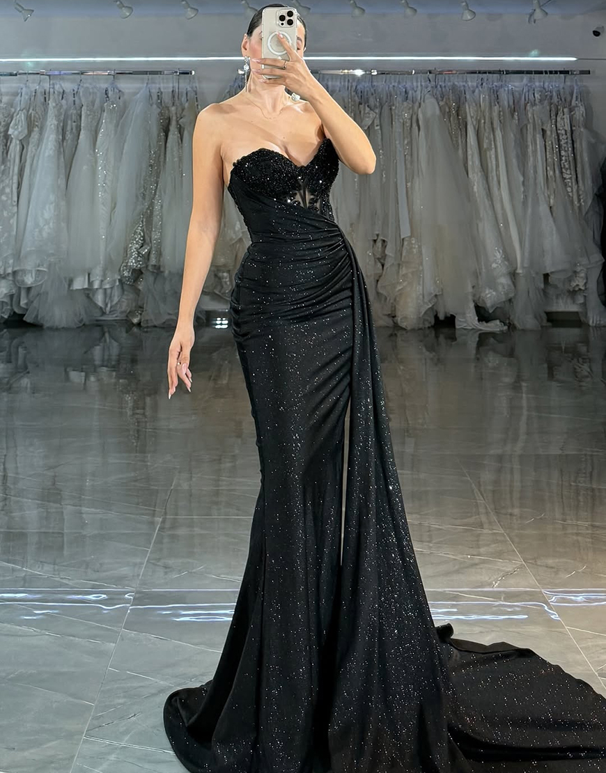Sparkly Black Mermaid Sweetheart Long Corset Prom Dress with Beading