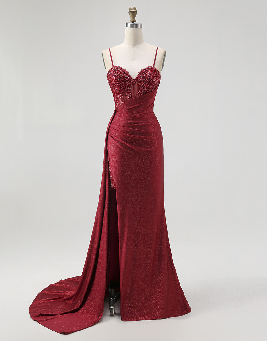 Sparkly Burgundy Spaghetti Straps Mermaid Long Corset Prom Dress with Beading