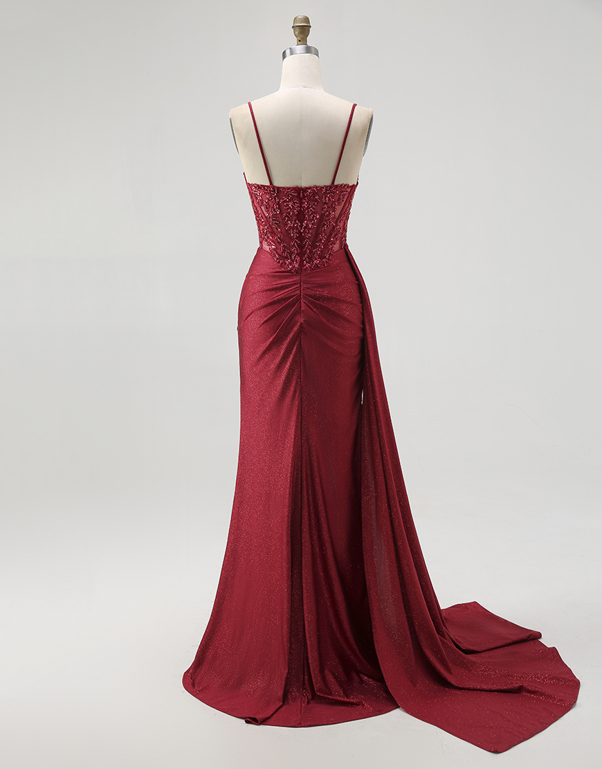 Sparkly Burgundy Spaghetti Straps Mermaid Long Corset Prom Dress with Beading