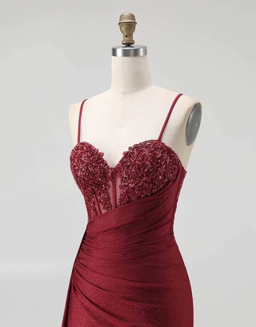 Sparkly Navy Spaghetti Straps Mermaid Corset Long Prom Dress with Beading