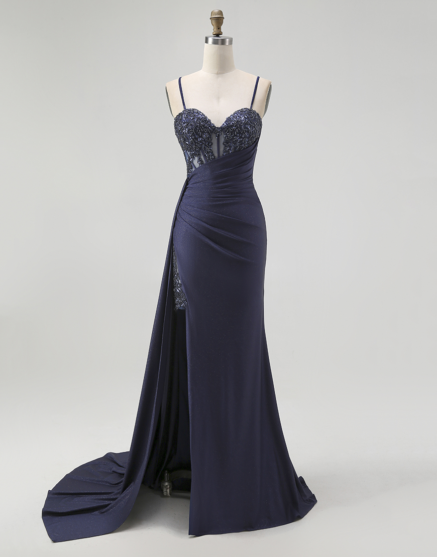 Sparkly Navy Spaghetti Straps Mermaid Corset Long Prom Dress with Beading