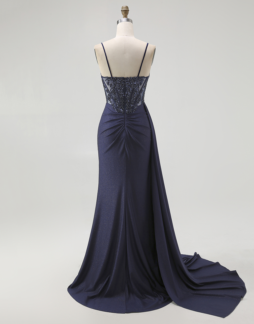 Sparkly Navy Spaghetti Straps Mermaid Corset Long Prom Dress with Beading