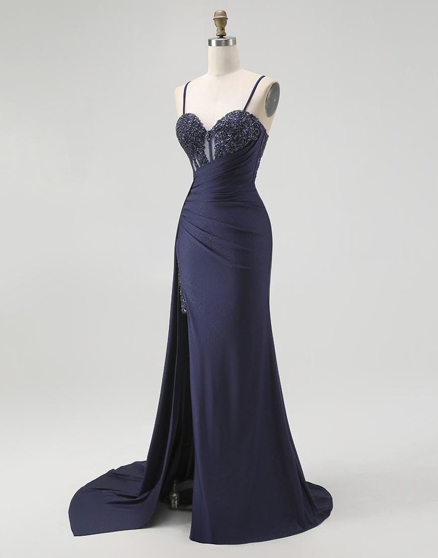 Sparkly Navy Spaghetti Straps Mermaid Corset Long Prom Dress with Beading