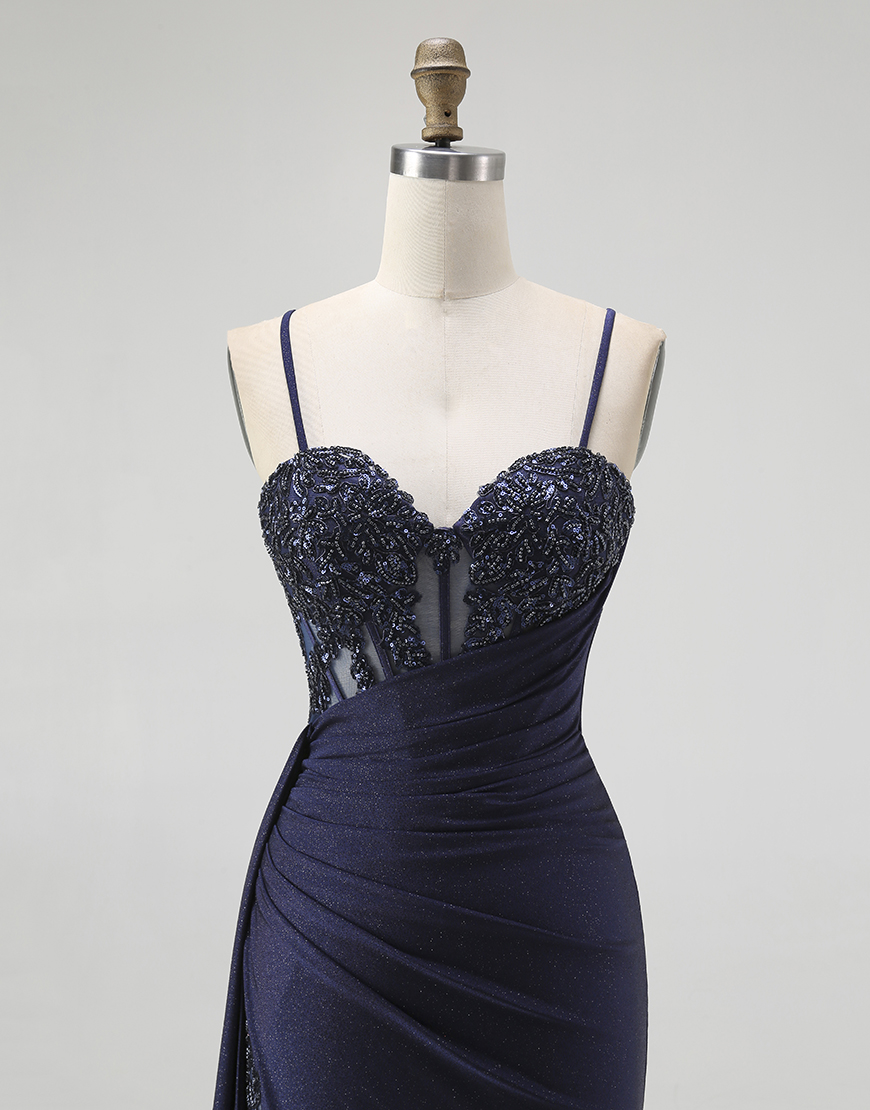 Sparkly Navy Spaghetti Straps Mermaid Corset Long Prom Dress with Beading