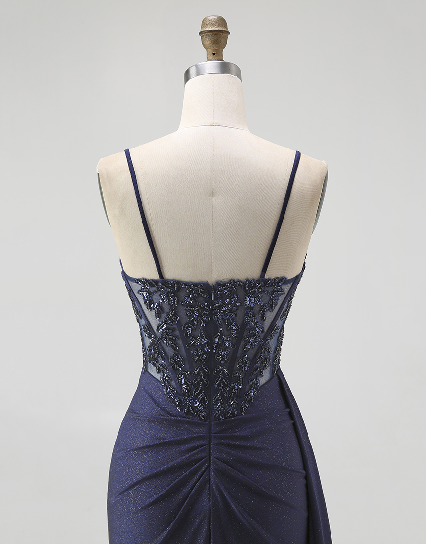 Sparkly Navy Spaghetti Straps Mermaid Corset Long Prom Dress with Beading