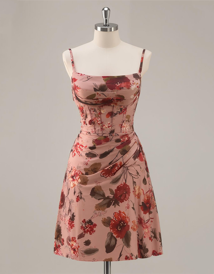 Dusty Rose Floral Ruched Short A-Line Corset Homecoming Dress
