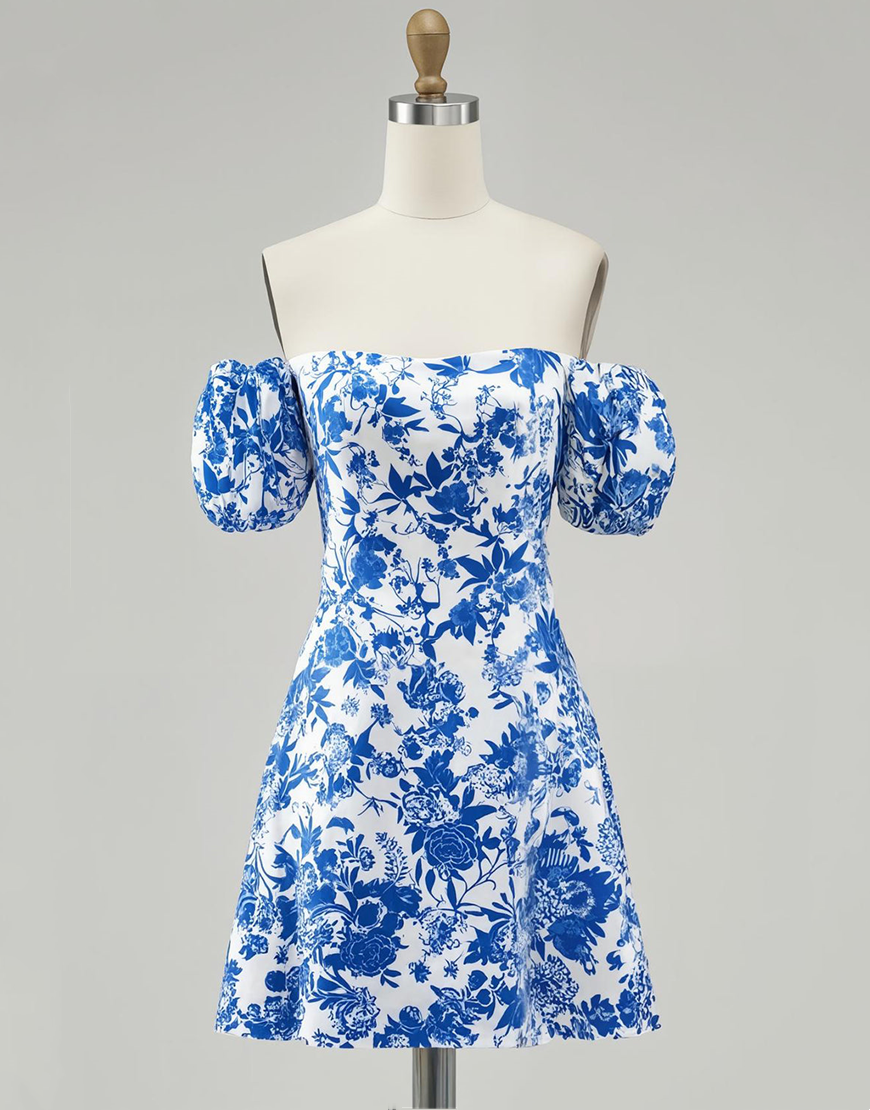 Blue Floral Off the Shoulder Short Homecoming Dress with Puff Sleeves