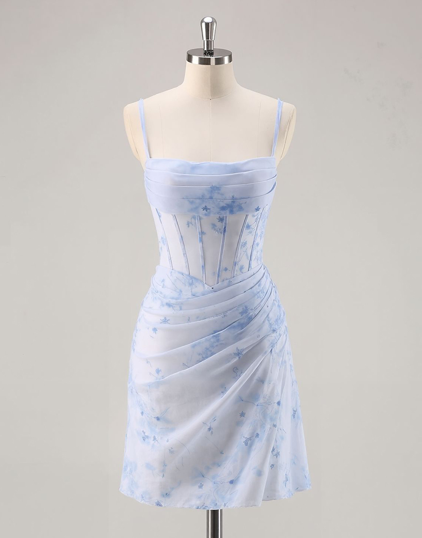 Light Blue Floral Ruched Short Corset A-Line Homecoming Dress