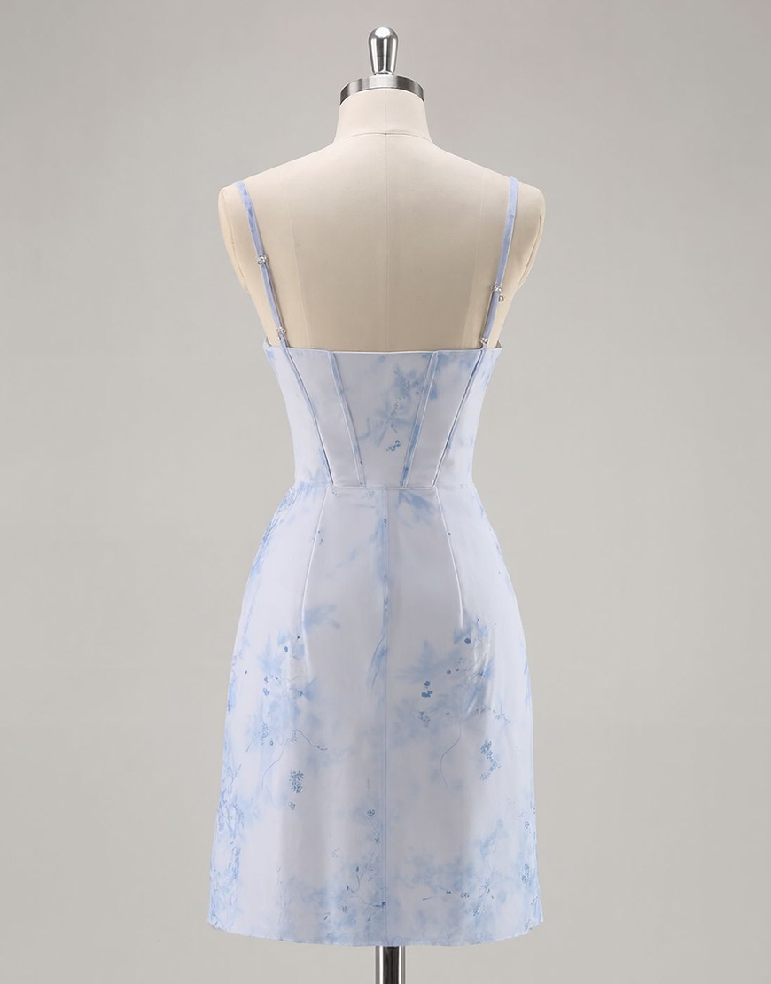 Light Blue Floral Ruched Short Corset A-Line Homecoming Dress
