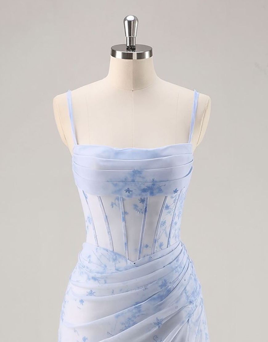 Light Blue Floral Ruched Short Corset A-Line Homecoming Dress