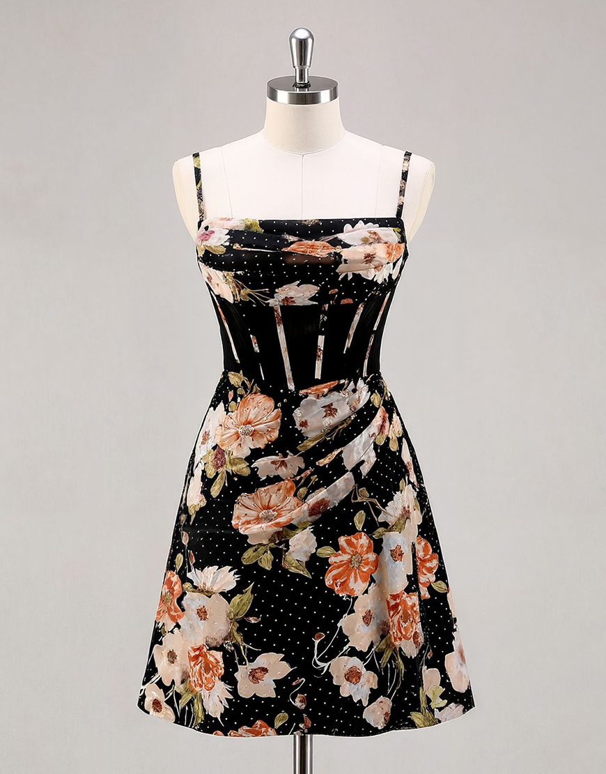 Black Floral Spaghetti Straps Short Corset Homecoming Dress with Beading