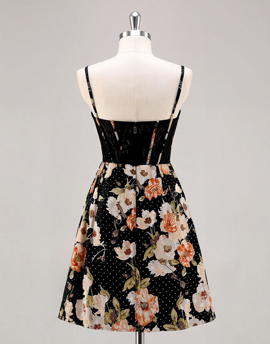 Black Floral Spaghetti Straps Short Corset Homecoming Dress with Beading