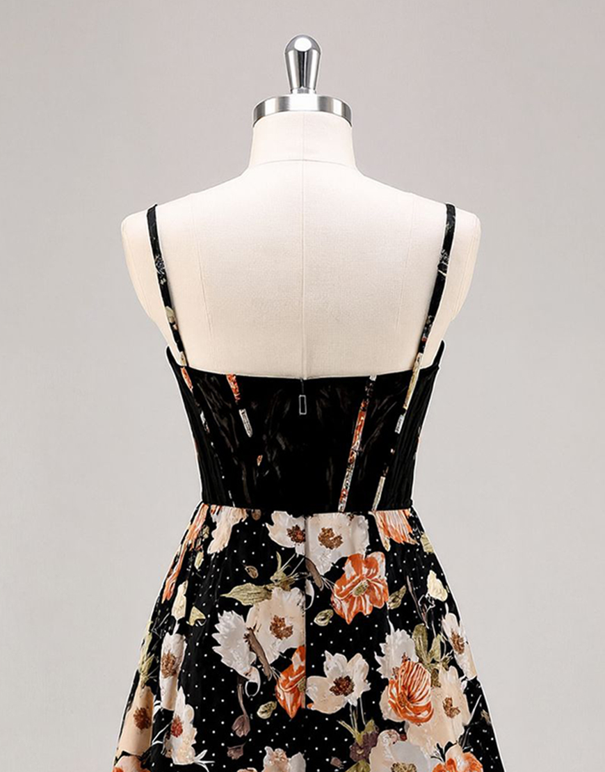 Black Floral Spaghetti Straps Short Corset Homecoming Dress with Beading