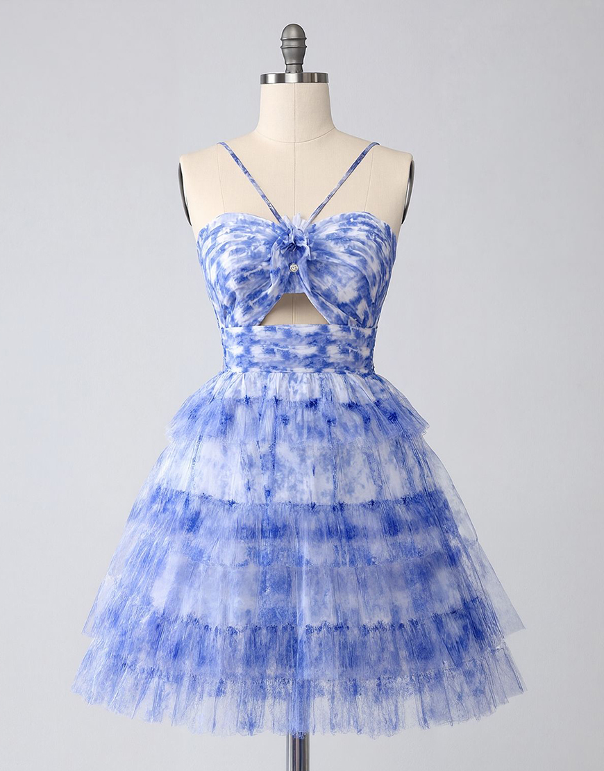 Blue Tiered Keyhole Floral Tulle Tiered Short Homecoming Dress