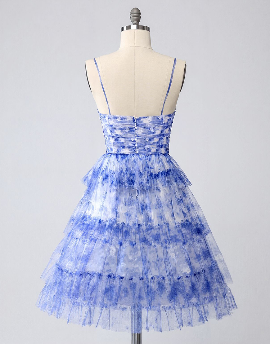 Blue Tiered Keyhole Floral Tulle Tiered Short Homecoming Dress