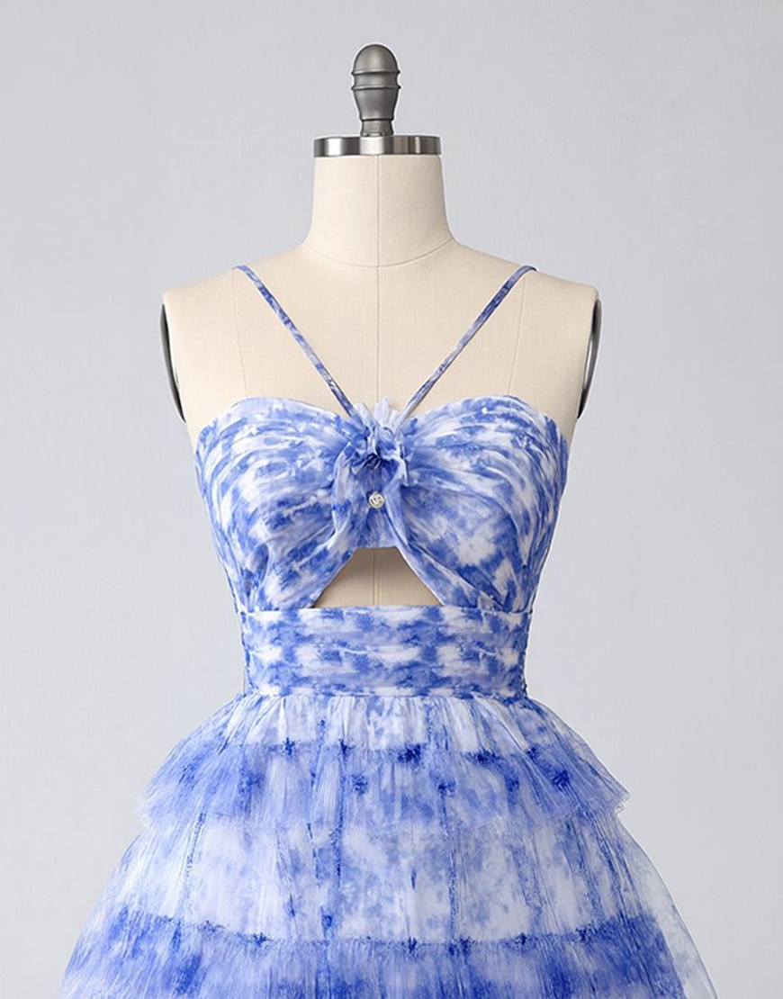 Blue Tiered Keyhole Floral Tulle Tiered Short Homecoming Dress